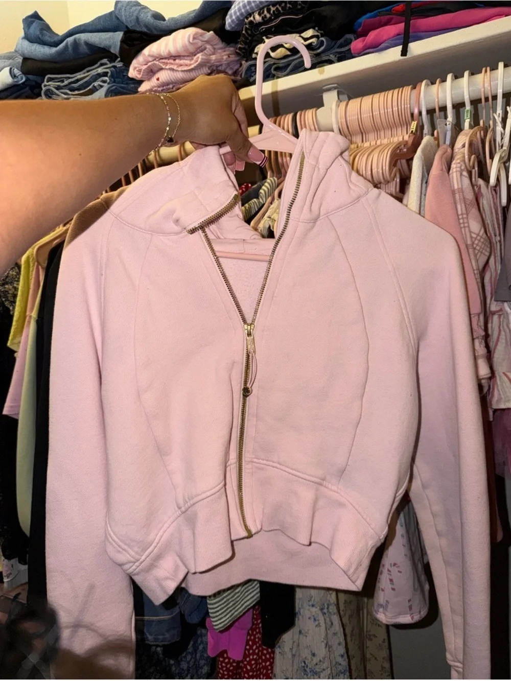lululemon athletica Light Pink Cropped Hoodie with Gold Logo Accent